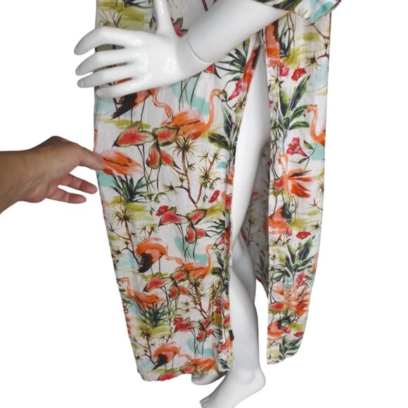 LAZY POET Linen Kimono/Swim Cover up, LONG slit, Flamingo/Multicolor Print - Picture 5 of 13